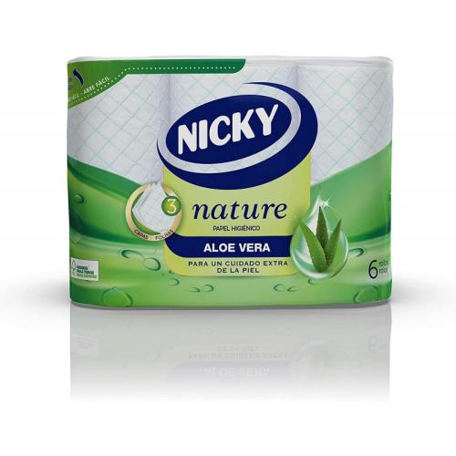 Nicky Nature Papel Higiénico con Aloe Vera. Paq 6 rollos 3 capas