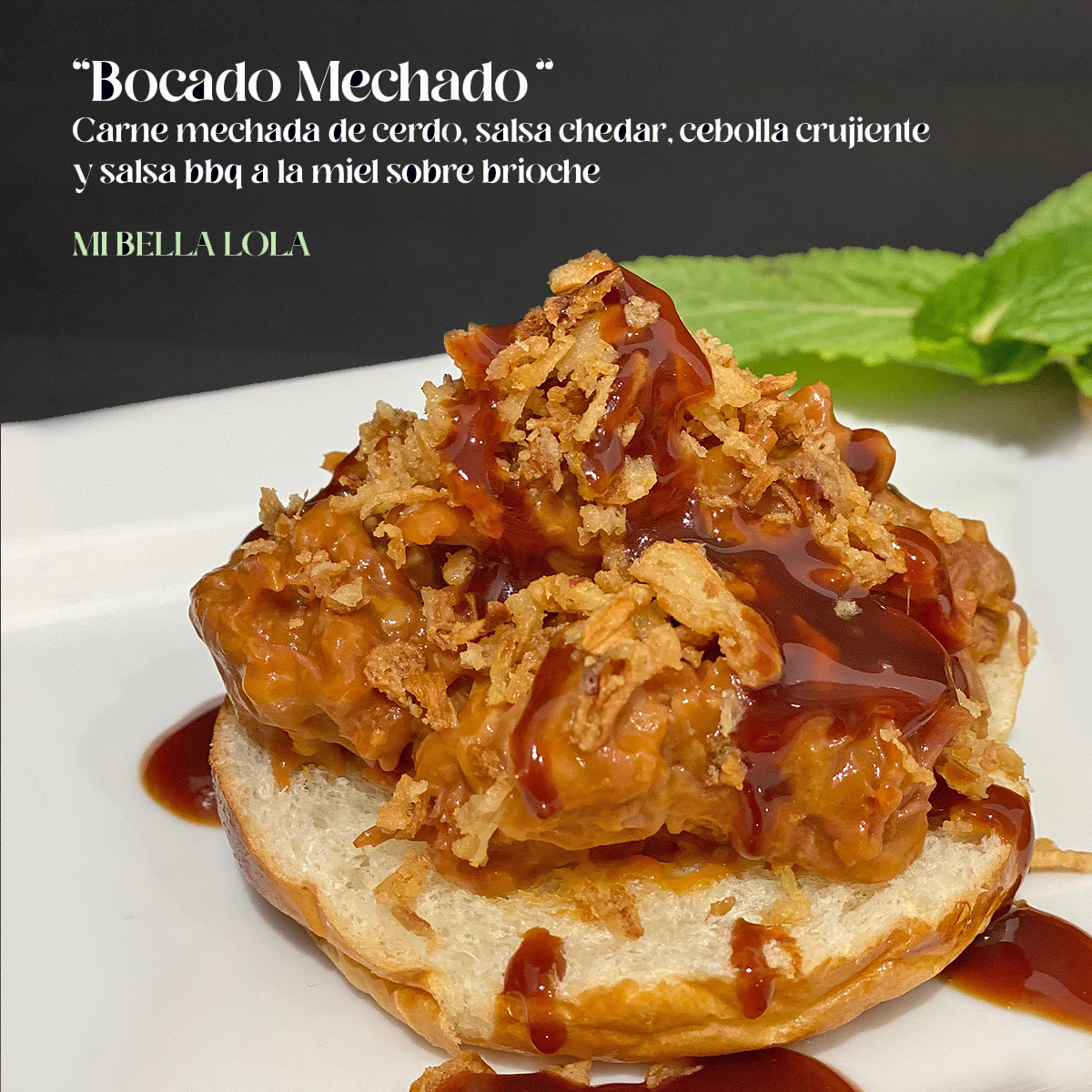 Bocado Mechado, Carne Mechada de Cerdo, Salsa Chedar  y Cebolla Crujiente